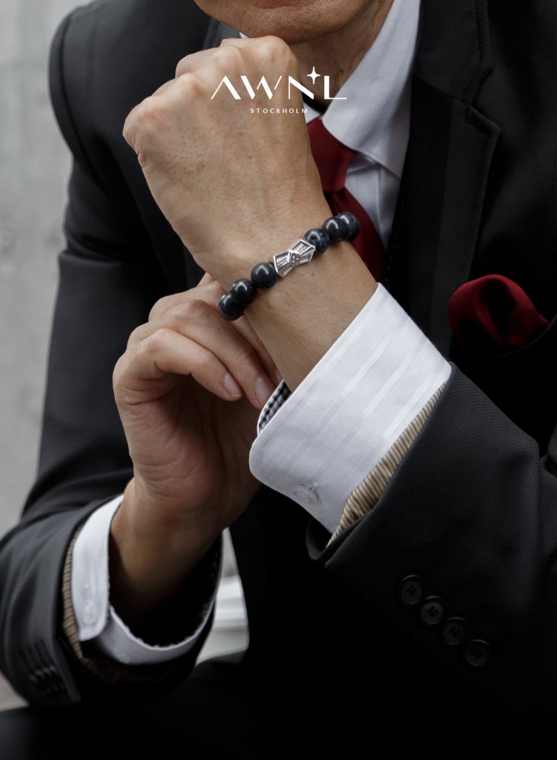 AWNL 12mm Obsidian Beaded Bracelet with Sterling Silver Engraved Runes Charm Natural Gemstone Gift For Men - Image 1