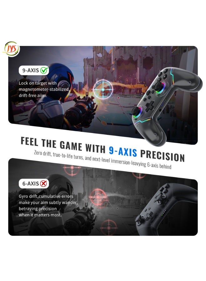 جاي واي إس جهاز التحكم JYS Joystick، متوافق مع Switch وSwitch 2، ويتصل عبر البلوتوث بأجهزة Android وiOS والكمبيوتر الشخصي وMac وSteam Deck لتجربة ألعاب متعددة المنصات. يتميز بجيروسكوب مدمج ذي 9 محاور، ولا يحتاج إلى إقران عند الاستخدام السلكي، وجهاز تحكم ألعاب RGB، ويدعم إخراج الصوت، لون أسود - Image 4