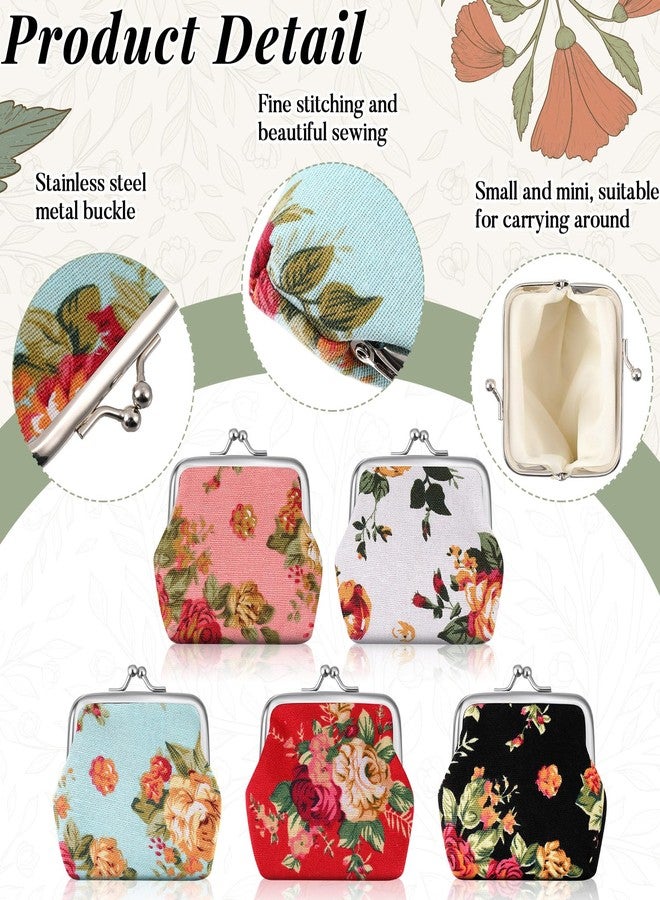SilTriangle 6 Pack Floral Coin Purse Small Canvas Vintage Buckle Coin Pouches Kiss Lock Cute Mini Change Purse Wallets for Women Trinkets Present Bag, 6 Flower Styles - Image 3