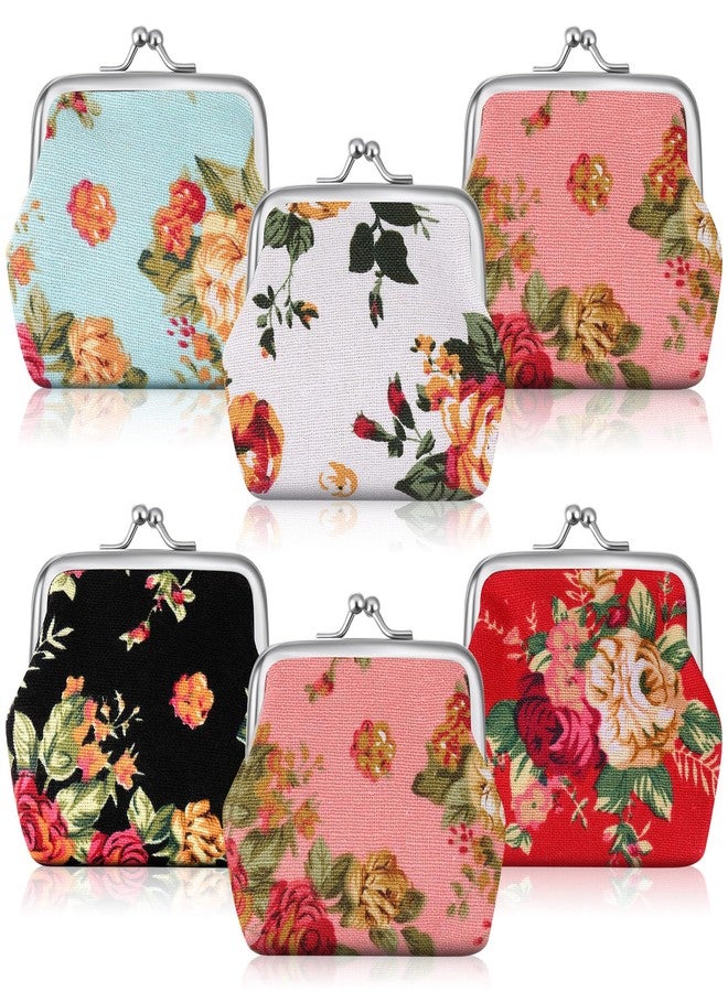 SilTriangle 6 Pack Floral Coin Purse Small Canvas Vintage Buckle Coin Pouches Kiss Lock Cute Mini Change Purse Wallets for Women Trinkets Present Bag, 6 Flower Styles - Image 1