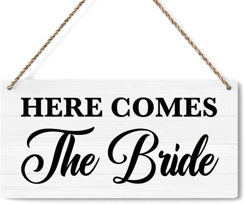 BELLOWDEER Rustic Wedding Sign Here Comes the Bride, Ring Bearer Sign, Funny Wedding Decor Stuff Engagement Decorations 12x6 Inches (White) - Image 1