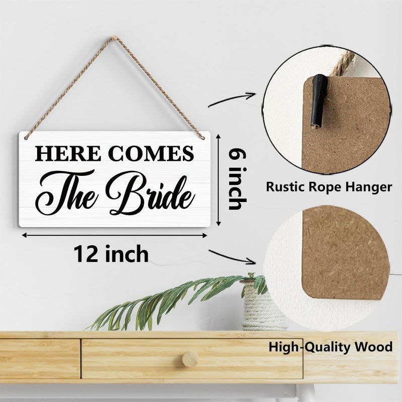 BELLOWDEER Rustic Wedding Sign Here Comes the Bride, Ring Bearer Sign, Funny Wedding Decor Stuff Engagement Decorations 12x6 Inches (White) - Image 2