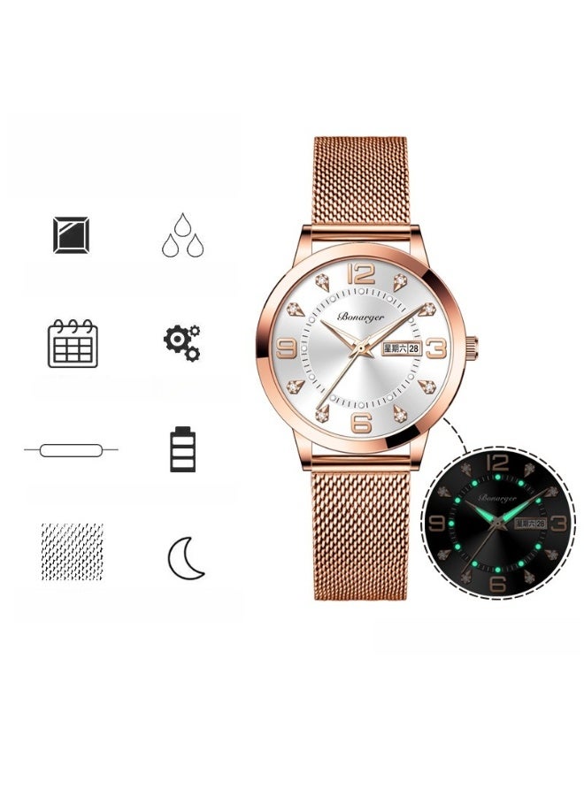BONARGER Women's Premium Waterproof Luminous Quartz Watch with a Mesh Strap - Image 2