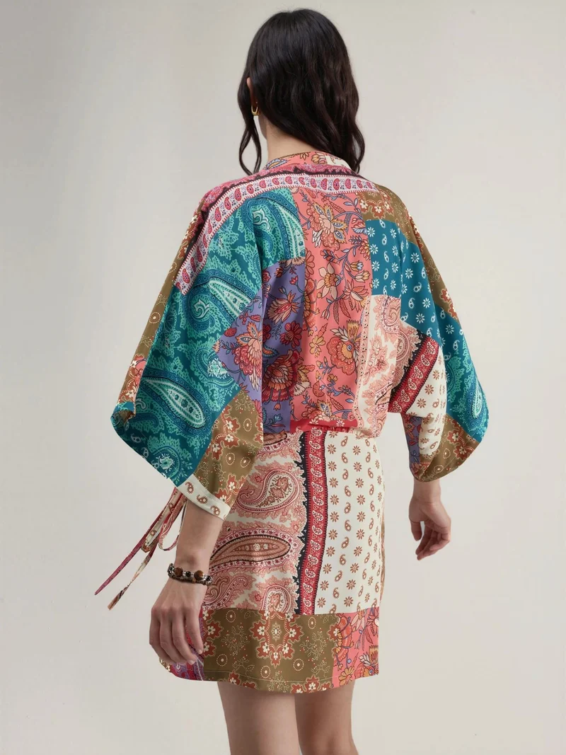 HICCUP multicolored patchwork Ethnic Print Front-Tie Mini Dress for Women | Best Price UAE