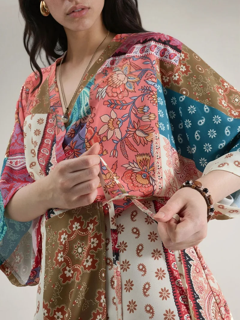 HICCUP multicolored patchwork Ethnic Print Front-Tie Mini Dress for Women | Best Price UAE