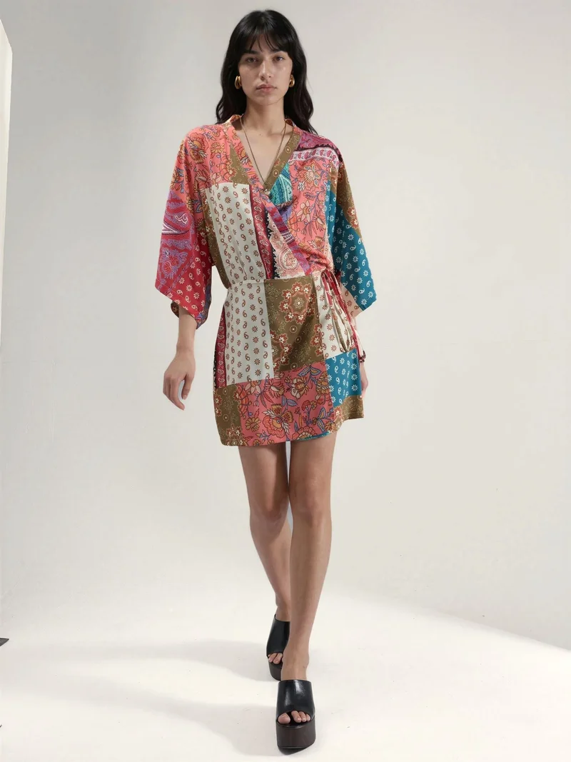 HICCUP multicolored patchwork Ethnic Print Front-Tie Mini Dress for Women | Best Price UAE
