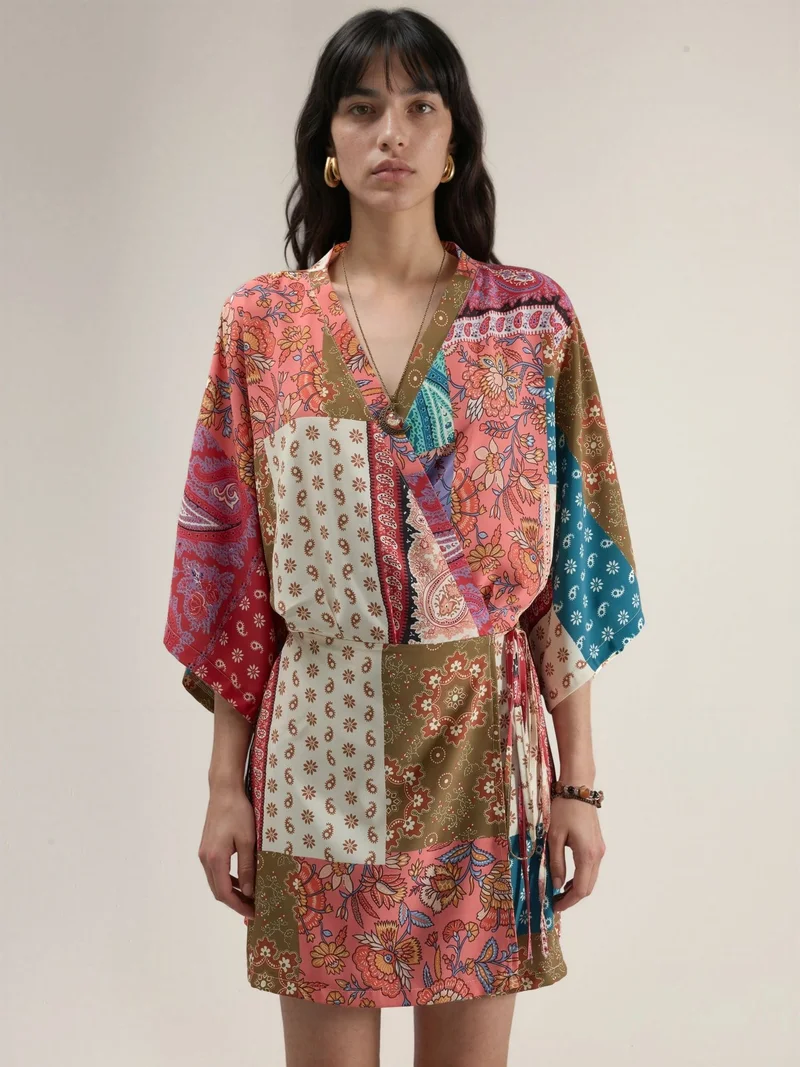 HICCUP multicolored patchwork Ethnic Print Front-Tie Mini Dress for Women | Best Price UAE