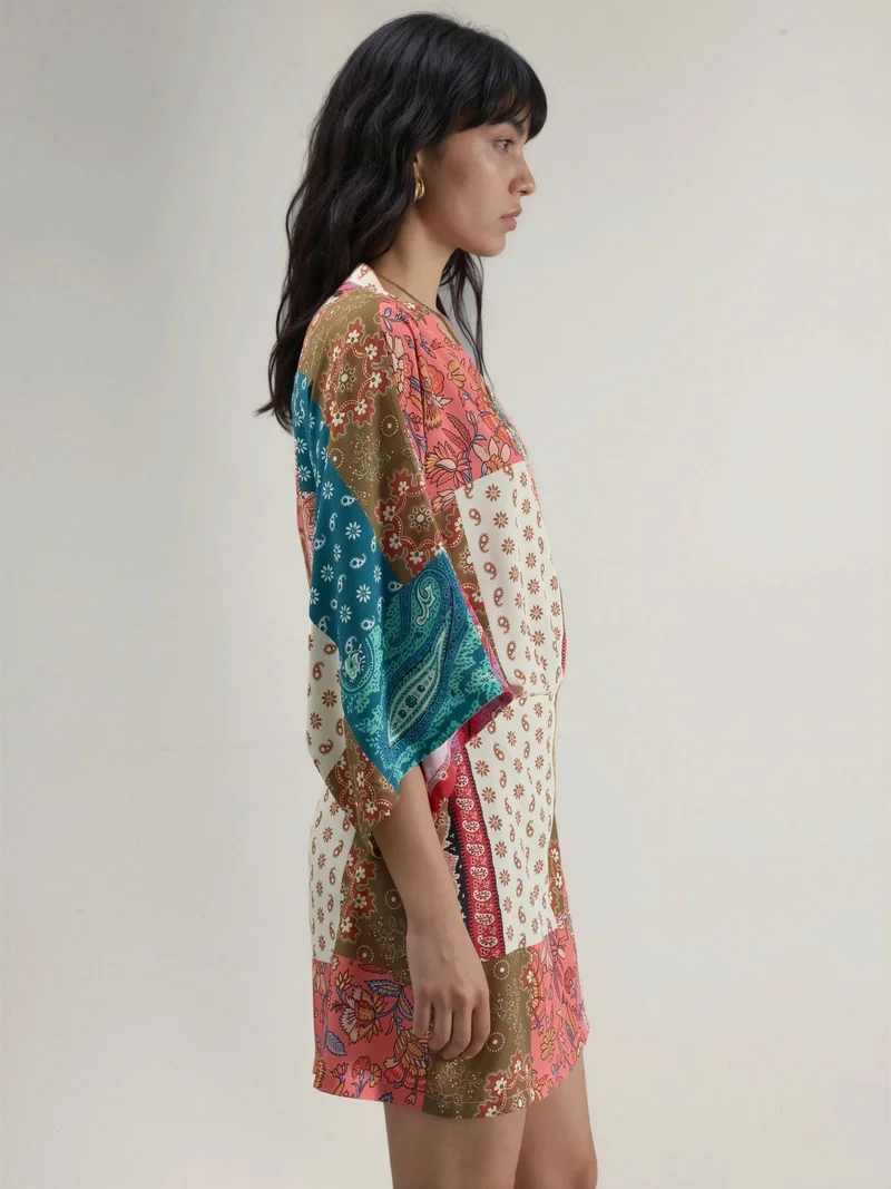 HICCUP multicolored patchwork Ethnic Print Front-Tie Mini Dress for Women | Best Price UAE