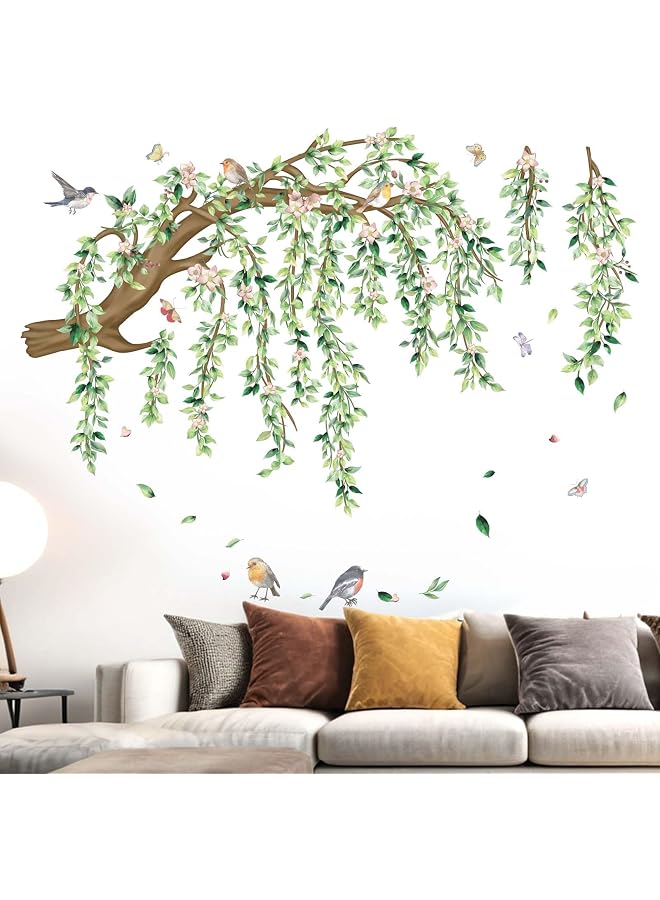 S-TOP Large Hanging Vine Wall Stickers: Peel and Stick Green Leaf Tree Branch Pink Flower Birds Leaves Wall Decals - Living Room Bedroom Family Wall Decor - Image 1