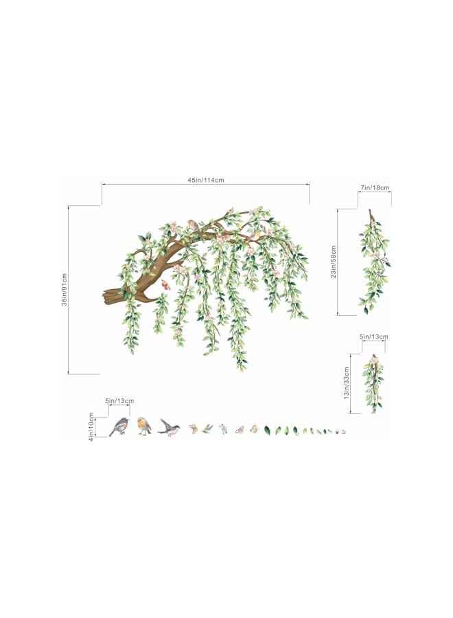 S-TOP Large Hanging Vine Wall Stickers: Peel and Stick Green Leaf Tree Branch Pink Flower Birds Leaves Wall Decals - Living Room Bedroom Family Wall Decor - Image 2