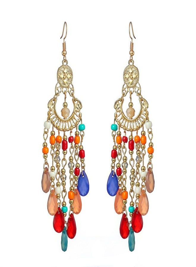 FUTIMELY Long Beaded Tassel Earrings Bohemia Native Tassel Drop Earrings Handmade Seed Bead Tribal Dangle Earrings Boho Multicolor Crystal Beaded Tassel Earrings for Women (Colorful) - Image 1