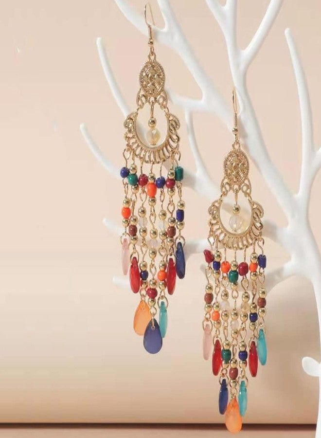 FUTIMELY Long Beaded Tassel Earrings Bohemia Native Tassel Drop Earrings Handmade Seed Bead Tribal Dangle Earrings Boho Multicolor Crystal Beaded Tassel Earrings for Women (Colorful) - Image 2