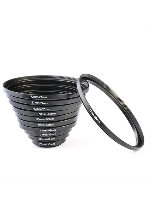 11pcs Metal Stepping Rings Step Up Ring Set 26-30MM 30-37MM 37-43MM 43-52MM 52-55MM 55-58MM 58-62MM 62-67MM 67-72MM 72-77MM 77-82MM Compatible with Canon Nikon DSLR Cameras Lens