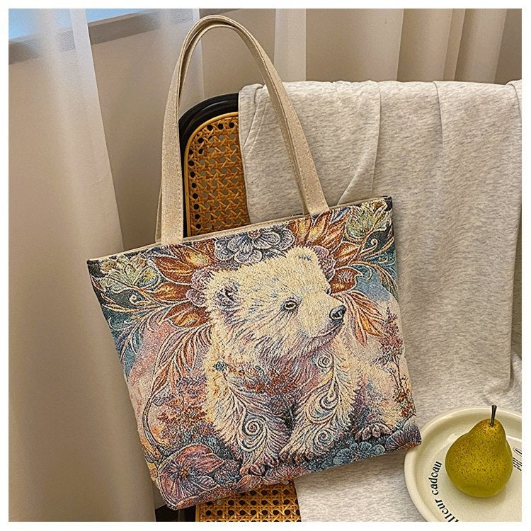 Double-Sided Gold Thread Jacquard Embroidered Canvas Bag Student Tutoring Bag Shoulder Bag Large Capacity Mommy Bag Literary Style Chinese Style - Image 1
