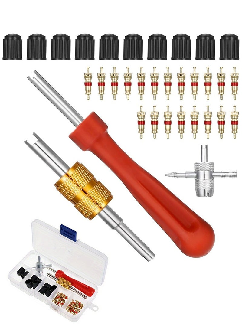 مجموعة أدوات صمام الإطار 33 قطعة، تشمل 20 نواة صمام و10 أغطية صمام وأداة نزع نواة صمام برأس واحد وأداة مزدوجة الرأس وأداة صمام 4 في 1 - Image 1