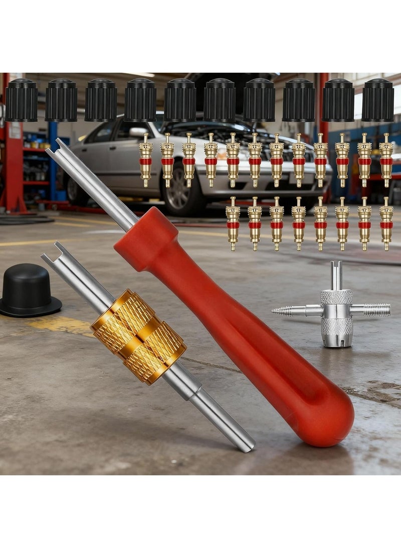 مجموعة أدوات صمام الإطار 33 قطعة، تشمل 20 نواة صمام و10 أغطية صمام وأداة نزع نواة صمام برأس واحد وأداة مزدوجة الرأس وأداة صمام 4 في 1 - Image 2
