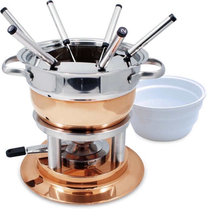 LAUSANNE 11PIECE COPPER PLATED FONDUE SET IDEAL FOR CHEESE CHOCOLATE FONDUE OIL BROTH COOKING PERFECT FOR KITCHEN COLLECTION WEDDING GIFTS 18 LITER 19 QUARTS
