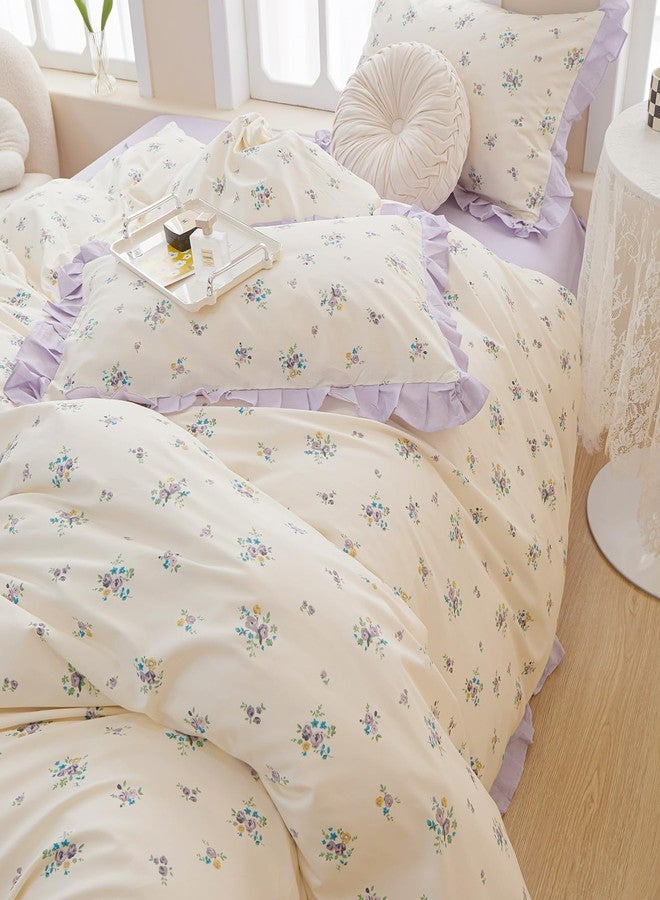 EAVD Chic Garden Botanical Floral Duvet Cover Queen White Soft 100% Cotton Girls Floral Ruffled Bedding Set with 2 Pillowcases Vintage Style Botanical Comforter Cover with Zipper Closure - Image 5