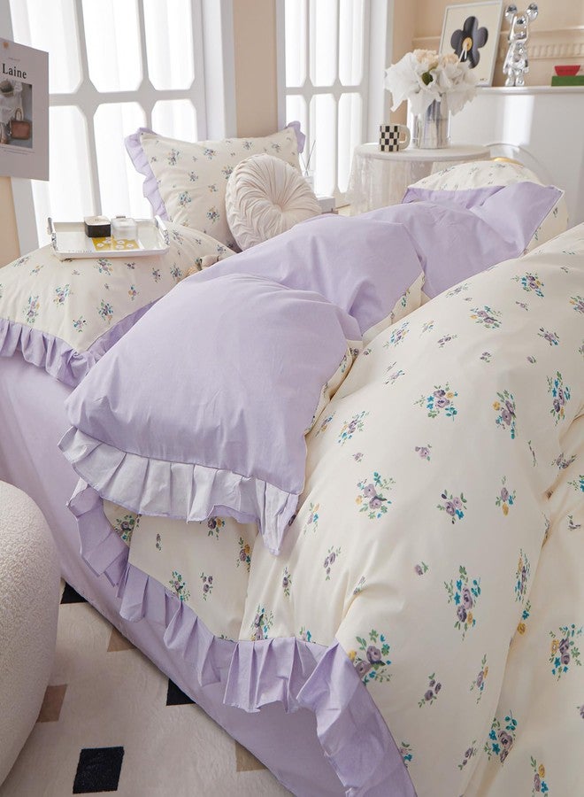 EAVD Chic Garden Botanical Floral Duvet Cover Queen White Soft 100% Cotton Girls Floral Ruffled Bedding Set with 2 Pillowcases Vintage Style Botanical Comforter Cover with Zipper Closure - Image 3