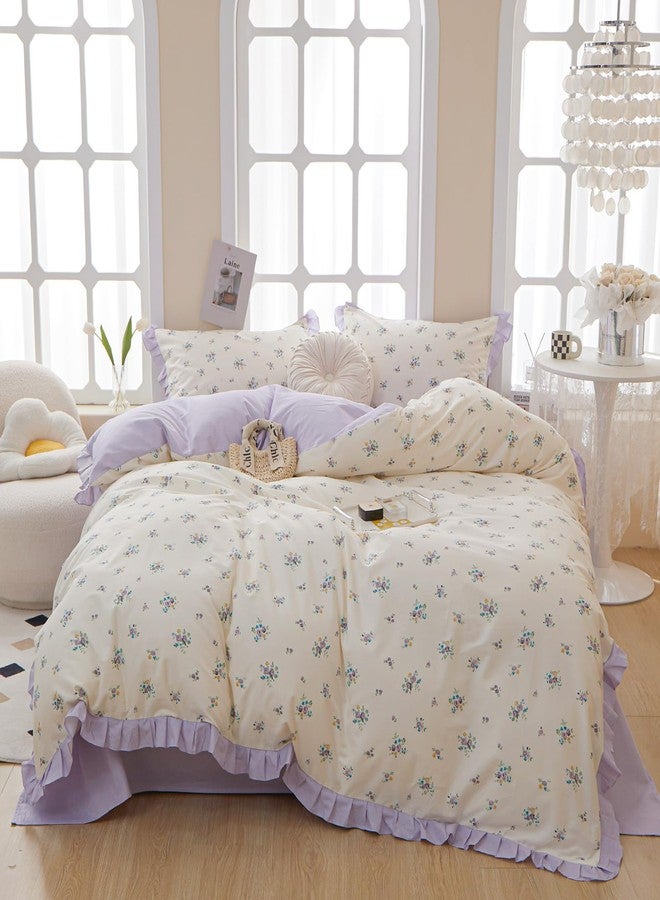 EAVD Chic Garden Botanical Floral Duvet Cover Queen White Soft 100% Cotton Girls Floral Ruffled Bedding Set with 2 Pillowcases Vintage Style Botanical Comforter Cover with Zipper Closure - Image 1