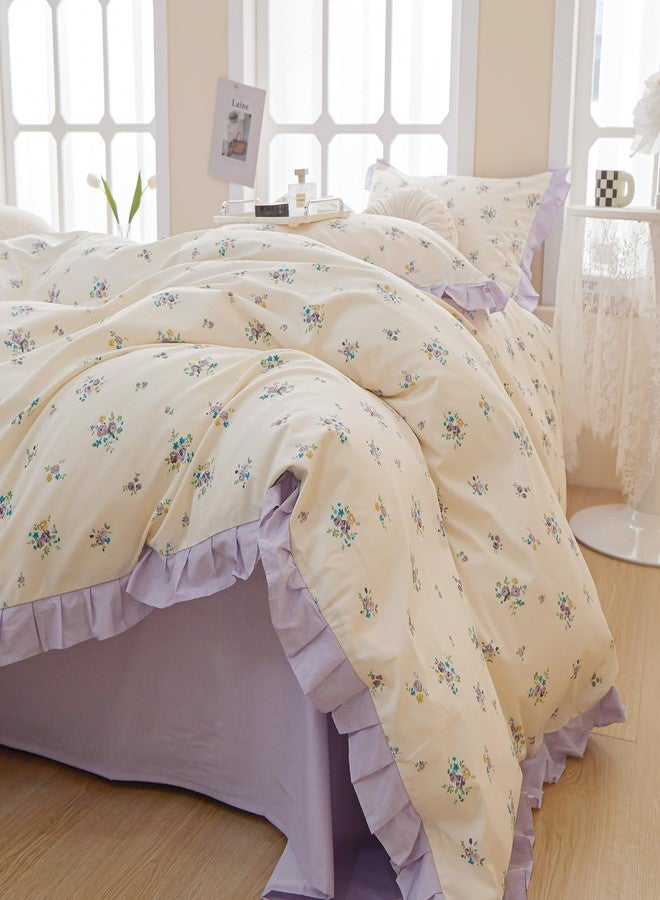 EAVD Chic Garden Botanical Floral Duvet Cover Queen White Soft 100% Cotton Girls Floral Ruffled Bedding Set with 2 Pillowcases Vintage Style Botanical Comforter Cover with Zipper Closure - Image 4