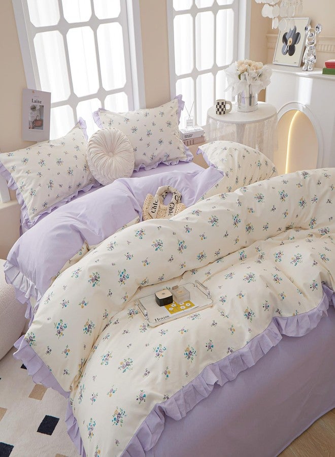 EAVD Chic Garden Botanical Floral Duvet Cover Queen White Soft 100% Cotton Girls Floral Ruffled Bedding Set with 2 Pillowcases Vintage Style Botanical Comforter Cover with Zipper Closure - Image 2