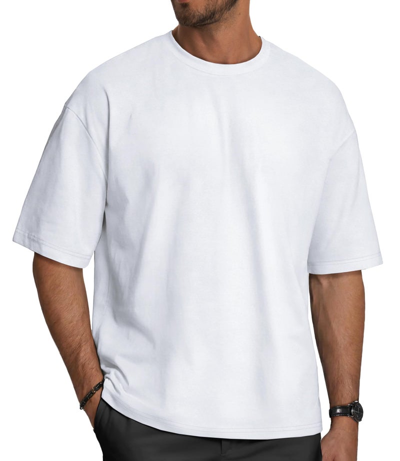 rosemia Oversized Tshirts for Men Crewneck Graphic Tees Basic Short Sleeve Loose Fit Tops, White Color, L - Image 1