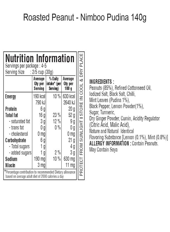 Jabsons Roasted Peanuts Nimboo Pudina |140 g | (Pack of 2) | Roasted| Non-Fried| Gluten free|Healthy Ready to Eat Snacks|Jumbo Bharuchi Clay Roasted Peanut|Flavoured Peanuts| Moongphali Dana - Image 3