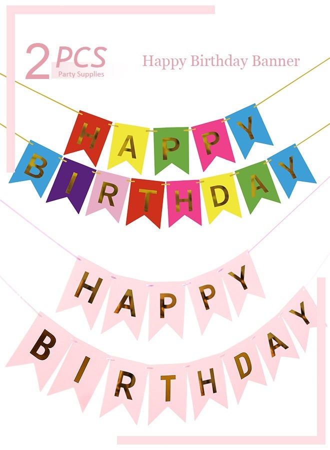 2 pcs Happy Birthday Banner Bunting Rainbow Colourful Multicolour Garland with Gold Foil Letters Girls Boys Kids Birthday Party Decorations - Image 1