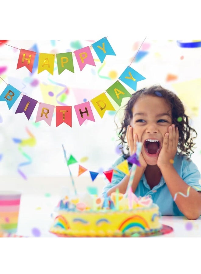 2 pcs Happy Birthday Banner Bunting Rainbow Colourful Multicolour Garland with Gold Foil Letters Girls Boys Kids Birthday Party Decorations - Image 4