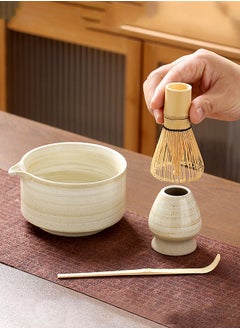 Squarecircle 4-piece Japanese Matcha Set, Ceramic Matcha Bowl with pouring spout+Whisk Holder+Bamboo Whisk+Spoon,for Traditional Tea Ceremony-Coarse Ceramic Perfect Handmade Matcha Kit to Prepare Traditional Matcha Tea, 100% Natural Matcha Gift Kit (off white )  - Image 1
