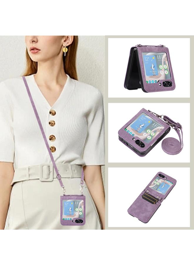 اس-توب جراب لهاتف Samsung Galaxy Z Flip5، جراب هاتف جلدي قلاب أفقي مع حبل طويل - Image 1