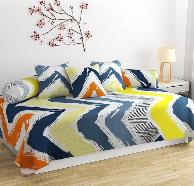 S&S Sands® 180 TC Diwan Cover Set, 1 Single Bedsheet (60 x 90 inch), 5 Pillows (16 x 16 inch), 2 Bolster Covers (16 x 32 inch) (Painter Multi) - Image 1