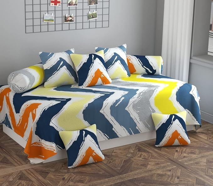 S&S Sands® 180 TC Diwan Cover Set, 1 Single Bedsheet (60 x 90 inch), 5 Pillows (16 x 16 inch), 2 Bolster Covers (16 x 32 inch) (Painter Multi) - Image 2
