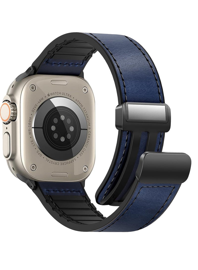Barakah Magnetic Leather Watch Band for Apple Watch Ultra 49mm, 45mm, 44mm, 42mm, Genuine Leather Strap with Magnetic Buckle for Apple Watch Ultra 2 9 8 7 Series, Blue - Image 1