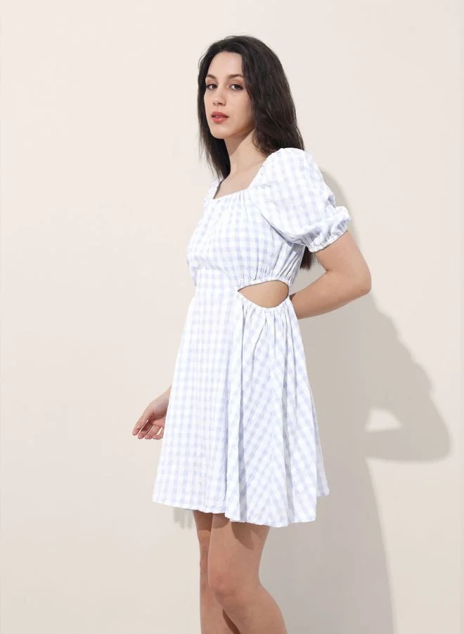 Freehand  Women Fit and Flared Textured Square Neck Short Sleeve Cut Out Dress for Women | Best Price UAE