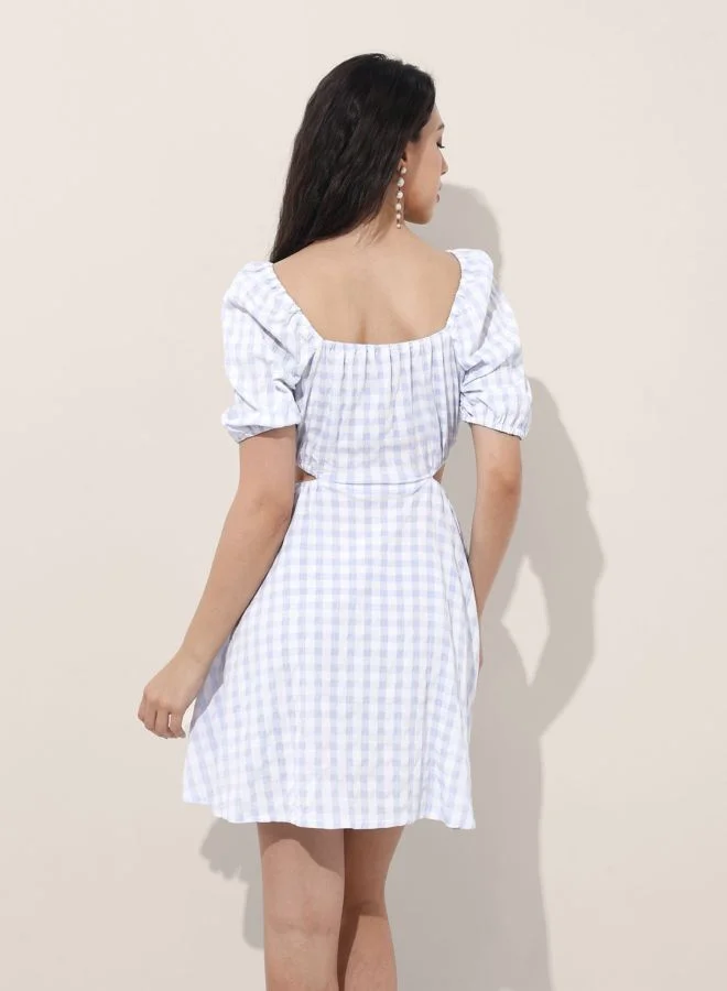 Freehand  Women Fit and Flared Textured Square Neck Short Sleeve Cut Out Dress for Women | Best Price UAE