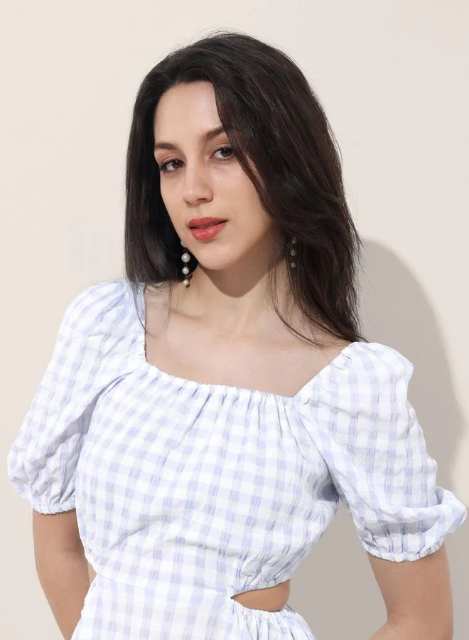 Freehand  Women Fit and Flared Textured Square Neck Short Sleeve Cut Out Dress for Women | Best Price UAE