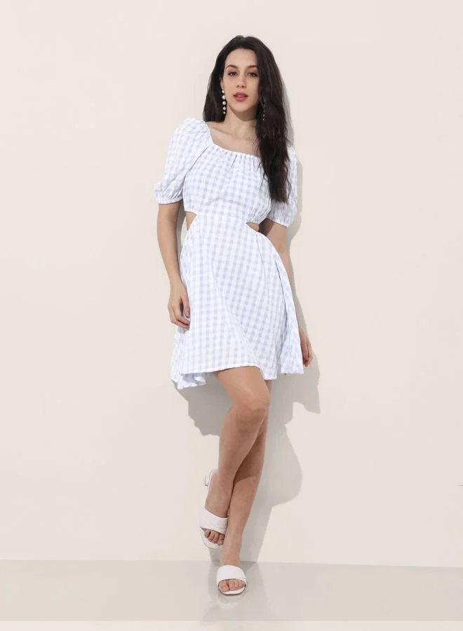 Freehand  Women Fit and Flared Textured Square Neck Short Sleeve Cut Out Dress for Women | Best Price UAE
