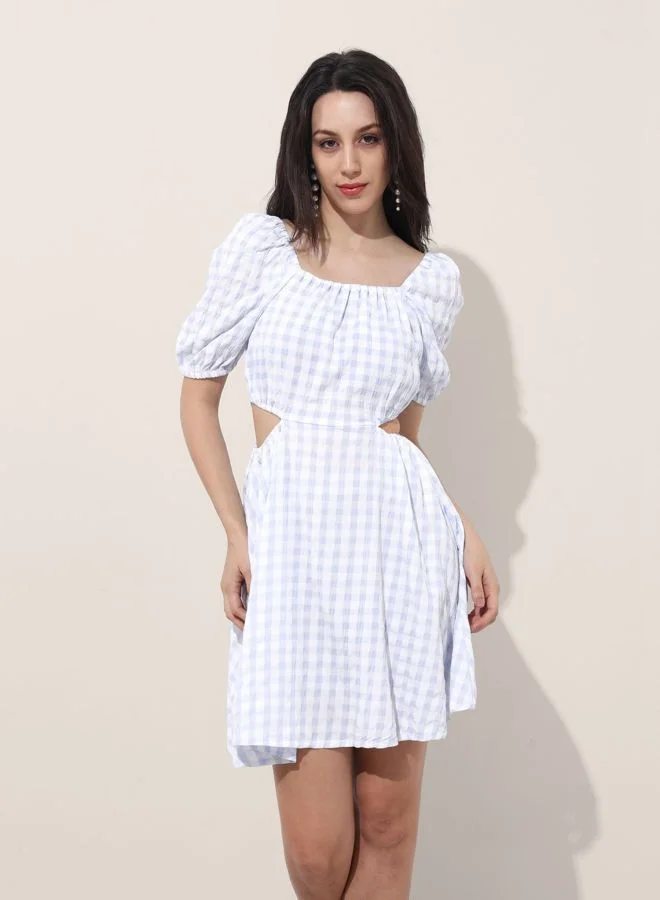 Women Fit and Flared Textured Square Neck Short Sleeve Cut Out Dress