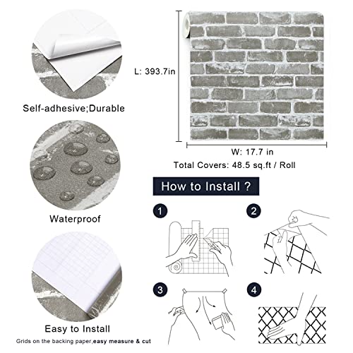 Timeet 17.7''×393.7'' Vintage Gray Brick Peel and Stick Wallpaper Self Adhesive Contact Paper 3D Faux Textured Stone Removable Wallpaper for Bedroom Living Room Home Decor Vinyl Roll Film - Image 4