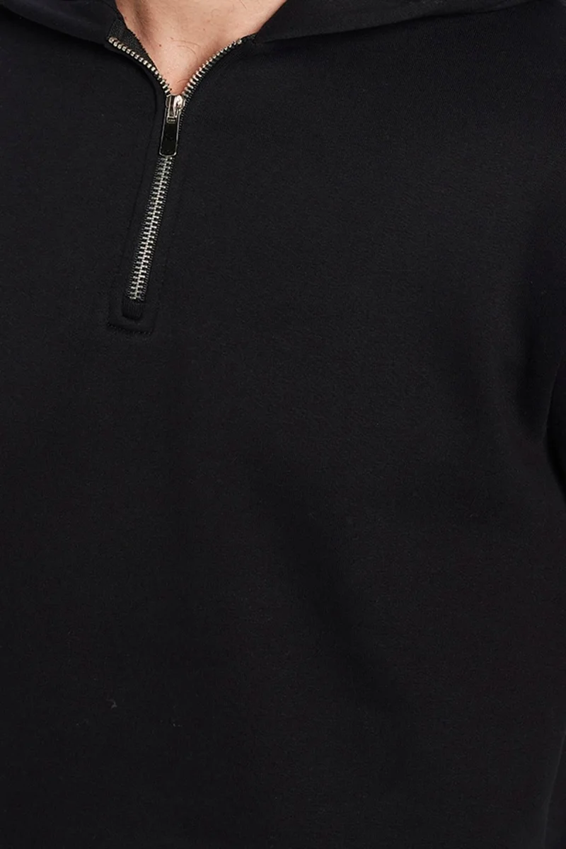 Tudors Relax Fit Comfortable Cut Cotton Fleece Lined Half Zipper Black Hooded Sweatshirt