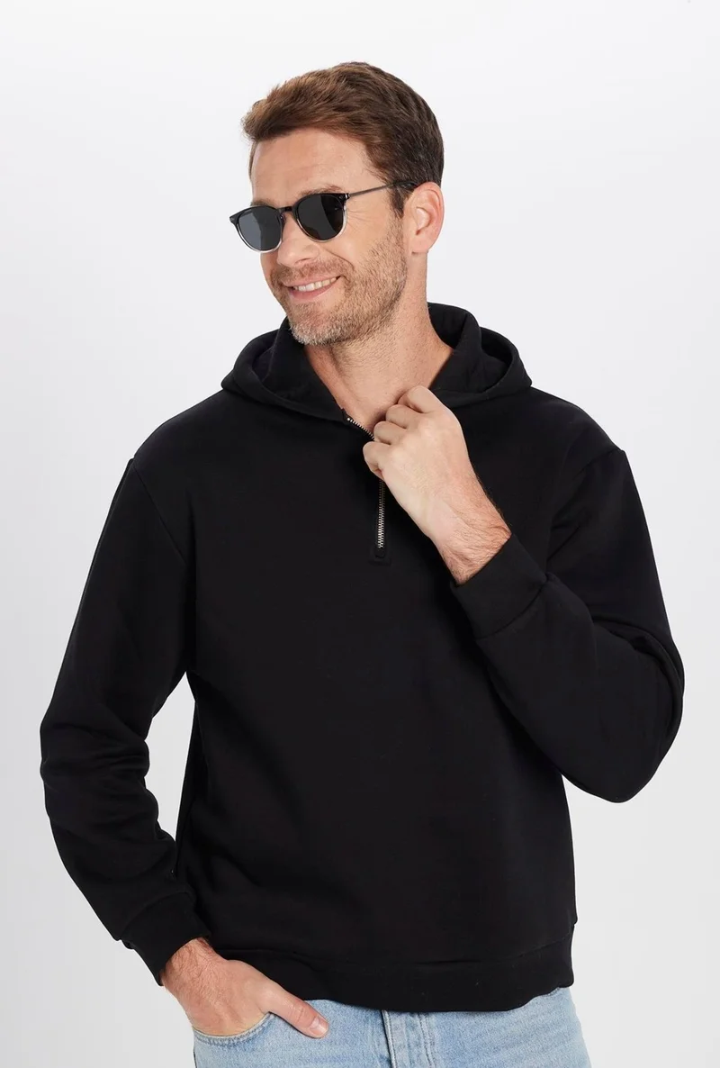 Tudors Relax Fit Comfortable Cut Cotton Fleece Lined Half Zipper Black Hooded Sweatshirt
