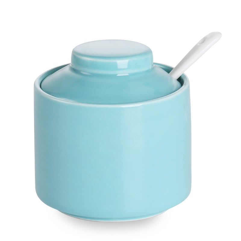 ONTUBE Ceramic Sugar Bowl with Lid and SpoonPorcelain Seasoning Box Salt Bowl8oz Turquoise Blue