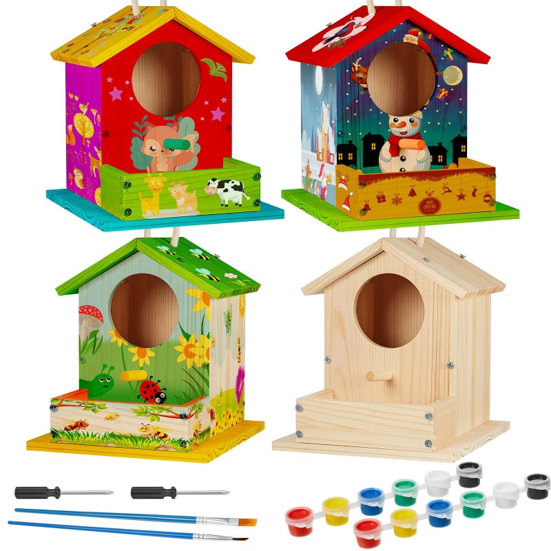 Liliful 4 Pack Wooden Birdhouse Kit DIY Bird House with Paint and Paintbrushes Art and Crafts Painting Kits for Boys Girls Adults Build Paint Classroom Birthday Indoor Outdoor Craft