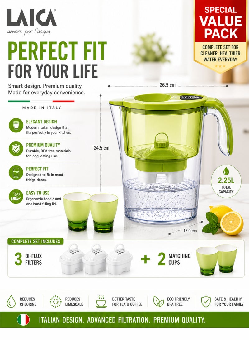 LAICA Stream Line Water Filter Jug 2.25L BPA Free Filter Pitcher with 3 Bi-Flux Cartridges + 2 Cups Value Pack Fast Filtration Chlorine Removal Limescale Reduction Odor Improvement Electronic Indicator Flow & Go Lid Fridge Door Fit Made in Italy Reusable Eco Friendly Drinking Water Purifier for Home Kitchen Family Use - Image 5