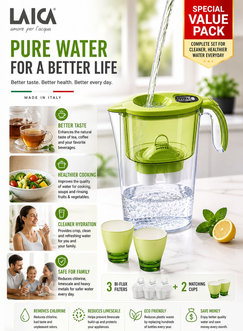 LAICA Stream Line Water Filter Jug 2.25L BPA Free Filter Pitcher with 3 Bi-Flux Cartridges + 2 Cups Value Pack Fast Filtration Chlorine Removal Limescale Reduction Odor Improvement Electronic Indicator Flow & Go Lid Fridge Door Fit Made in Italy Reusable Eco Friendly Drinking Water Purifier for Home Kitchen Family Use - Image 4