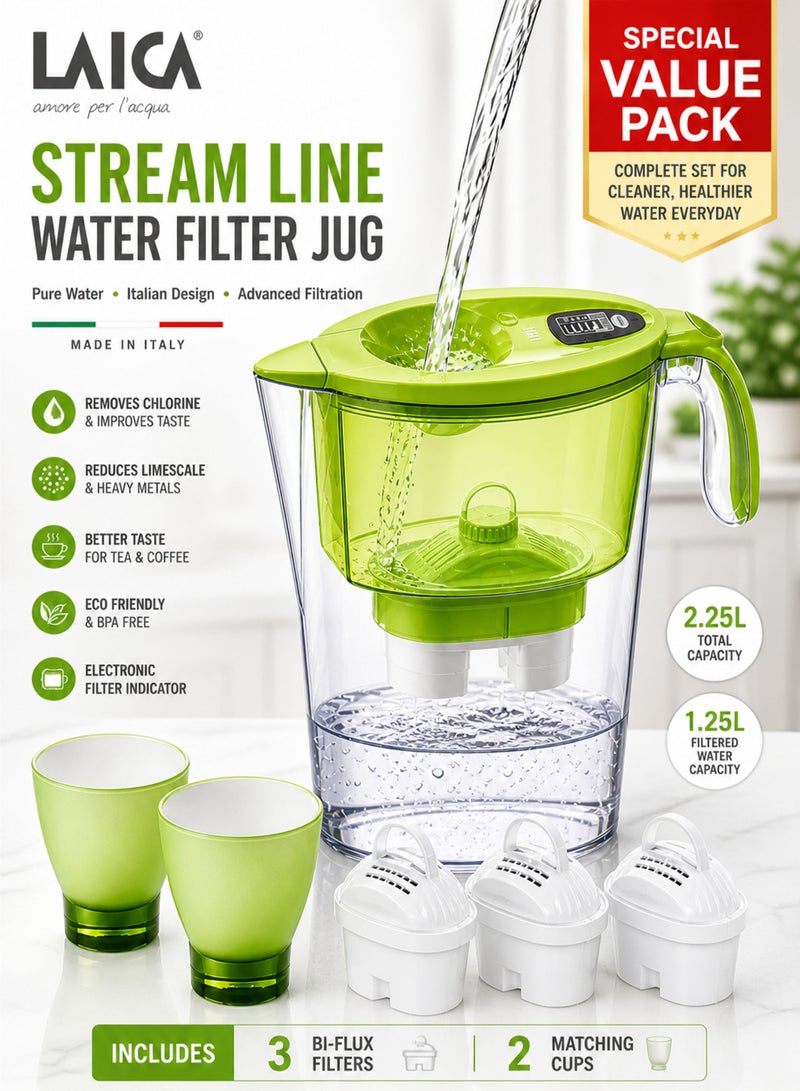 LAICA Stream Line Water Filter Jug 2.25L BPA Free Filter Pitcher with 3 Bi-Flux Cartridges + 2 Cups Value Pack Fast Filtration Chlorine Removal Limescale Reduction Odor Improvement Electronic Indicator Flow & Go Lid Fridge Door Fit Made in Italy Reusable Eco Friendly Drinking Water Purifier for Home Kitchen Family Use - Image 1