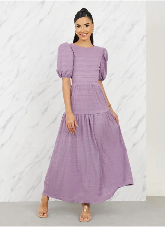 Styli Textured Puff Sleeves Tiered Maxi Dress