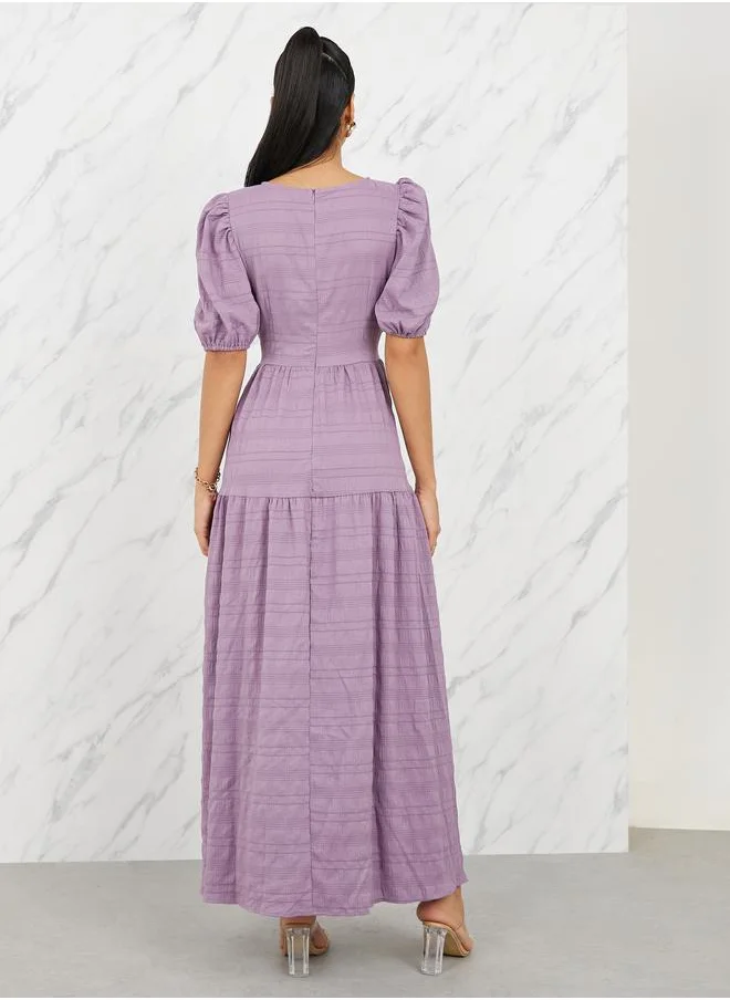 Styli Textured Puff Sleeves Tiered Maxi Dress